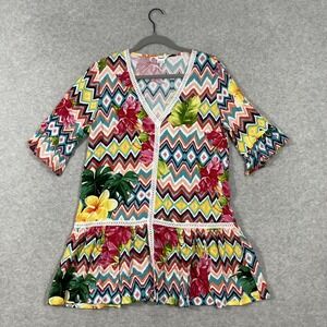Desigual Peplum Tunic Top Womens Size L Boho Tropical Chevron Floral Vibrant